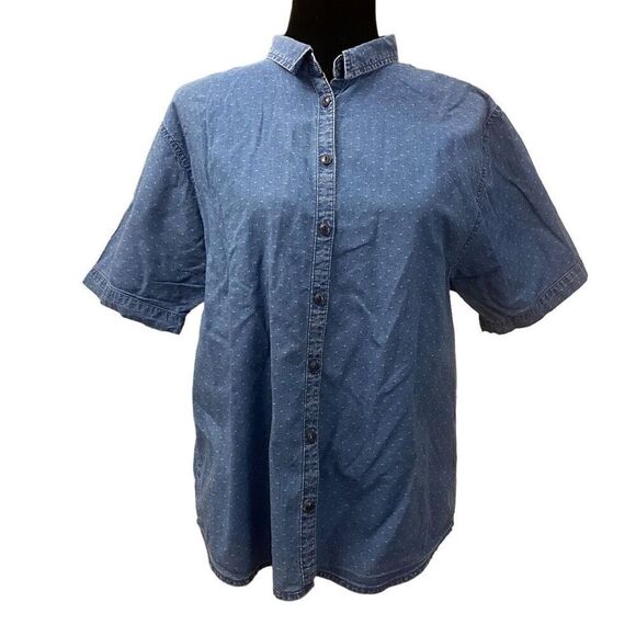 Madewell Medium Denim Swiss Dot Short Sleeve Button Down Top Size Small - Picture 1 of 13